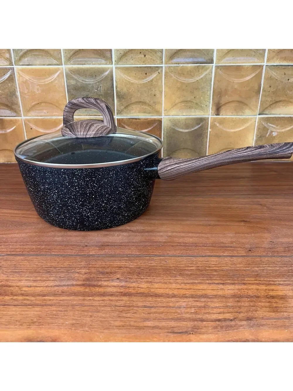 Black Speckled Aluminum Non-Stick 2.5 Quart Saucepan and Lid w/ Bakelite Handle